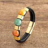 Round Stone Beads Bracelets Stainless Steel Leather Rope Bangles