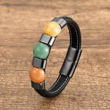Round Stone Beads Bracelets Stainless Steel Leather Rope Bangles