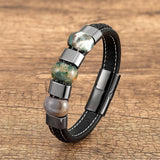 Round Stone Beads Bracelets Stainless Steel Leather Rope Bangles