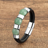 Round Stone Beads Bracelets Stainless Steel Leather Rope Bangles