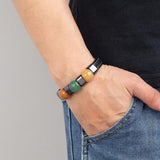 Round Stone Beads Bracelets Stainless Steel Leather Rope Bangles