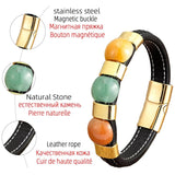 Round Stone Beads Bracelets Stainless Steel Leather Rope Bangles