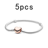 Rose Heart Charm Snake Chain Silver Bracelet for DIY Charm Women's Bangles