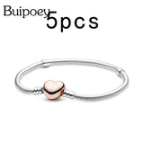 Rose Heart Charm Snake Chain Silver Bracelet for DIY Charm Women's Bangles