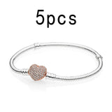 Rose Heart Charm Snake Chain Silver Bracelet for DIY Charm Women's Bangles