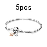 Rose Heart Charm Snake Chain Silver Bracelet for DIY Charm Women's Bangles