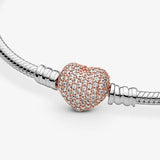 Rose Heart Charm Snake Chain Silver Bracelet for DIY Charm Women's Bangles