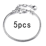 Rose Heart Charm Snake Chain Silver Bracelet for DIY Charm Women's Bangles