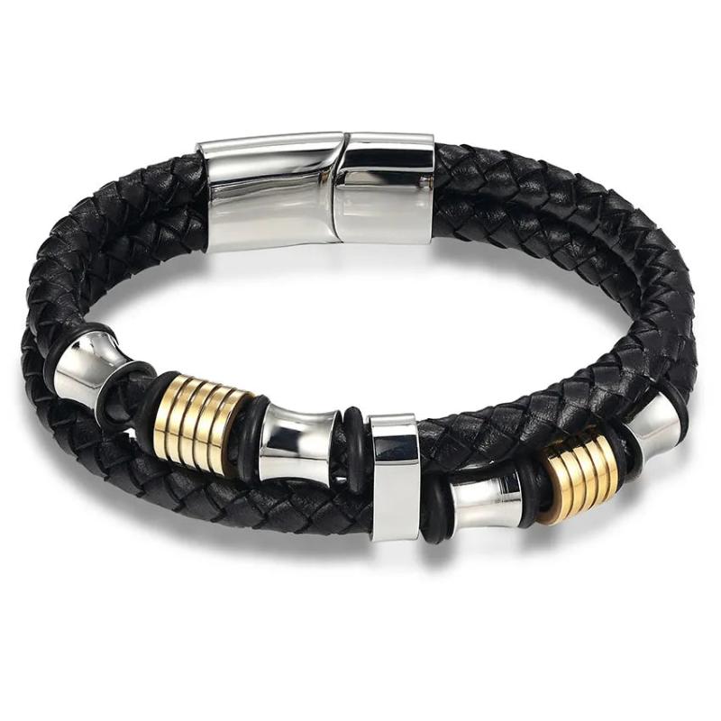Men Bracelets Leather Stainless Steel Wristband Bangles Casual Style