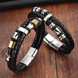 Men Bracelets Leather Stainless Steel Wristband Bangles Casual Style