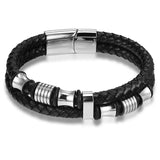 Men Bracelets Leather Stainless Steel Wristband Bangles Casual Style