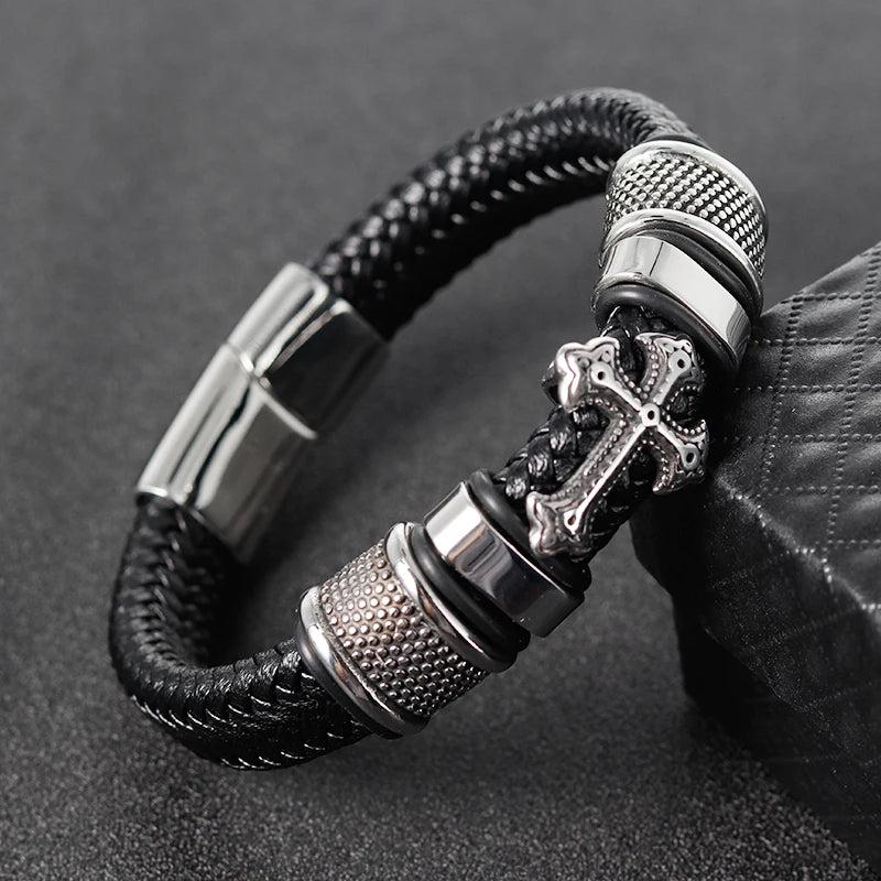 Leather Chain Weaved Man Bracelet Stainless Steel Wristband