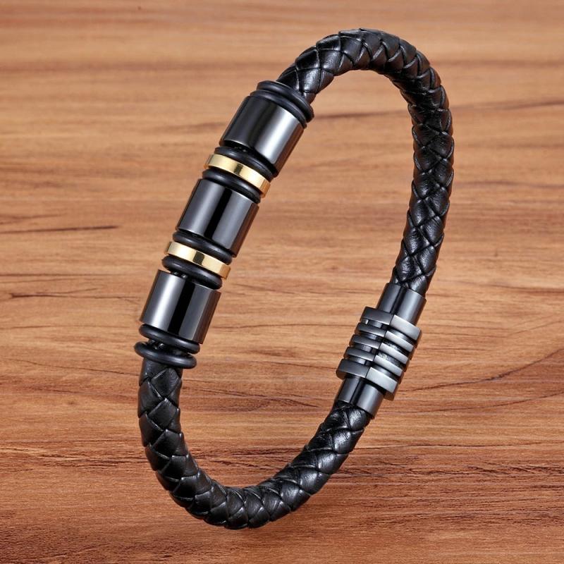 Geometric Beaded Leather Bracelet with Magnet Clasp