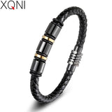 Geometric Beaded Leather Bracelet with Magnet Clasp