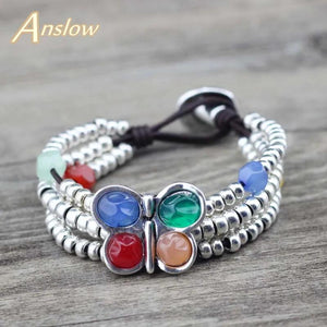 Anslow Spring Wrap Beads Leather Bracelet for Women Charms Bangles