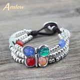 Anslow Spring Wrap Beads Leather Bracelet for Women Charms Bangles