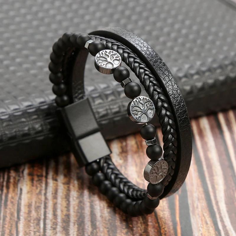 Natural Stone Stainless Steel Men's Leather Bracelet Multi-Layer