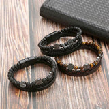 Natural Stone Stainless Steel Men's Leather Bracelet Multi-Layer