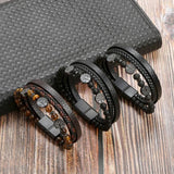 Natural Stone Stainless Steel Men's Leather Bracelet Multi-Layer
