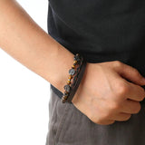 Natural Stone Stainless Steel Men's Leather Bracelet Multi-Layer