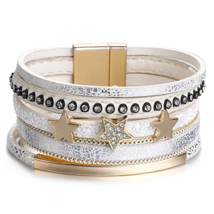 Rivet Studded Rhinestone Stars Leather Wrap Bracelet for Women