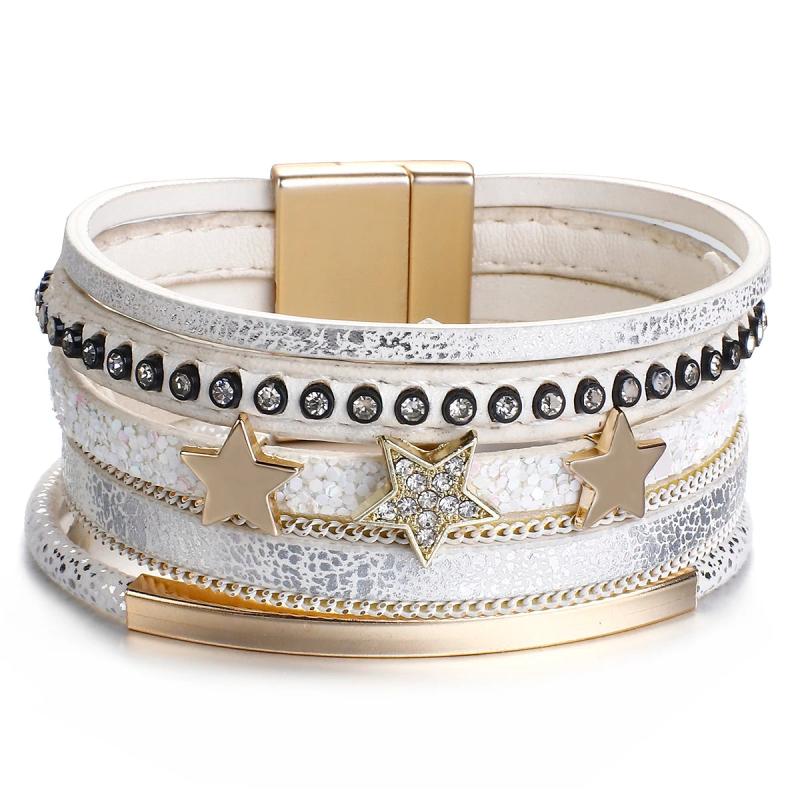Rivet Studded Rhinestone Stars Leather Wrap Bracelet for Women