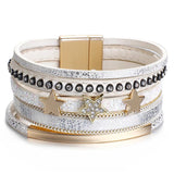 Rivet Studded Rhinestone Stars Leather Wrap Bracelet for Women