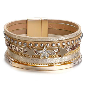 Rivet Studded Rhinestone Stars Leather Wrap Bracelet for Women