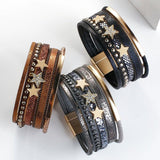 Rivet Studded Rhinestone Stars Leather Wrap Bracelet for Women