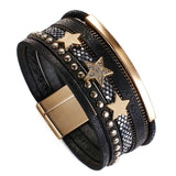 Rivet Studded Rhinestone Stars Leather Wrap Bracelet for Women