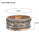 Rivet Studded Rhinestone Stars Leather Wrap Bracelet for Women