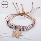 Boho Adjustable Rope Bracelet Crystal Beads Sea Star Pendant Charm Bracelet