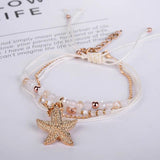 Boho Adjustable Rope Bracelet Crystal Beads Sea Star Pendant Charm Bracelet