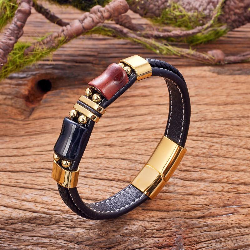 Red Tiger Eye Bracelet Geometric Shape Stainless Steel Men's Jewelry