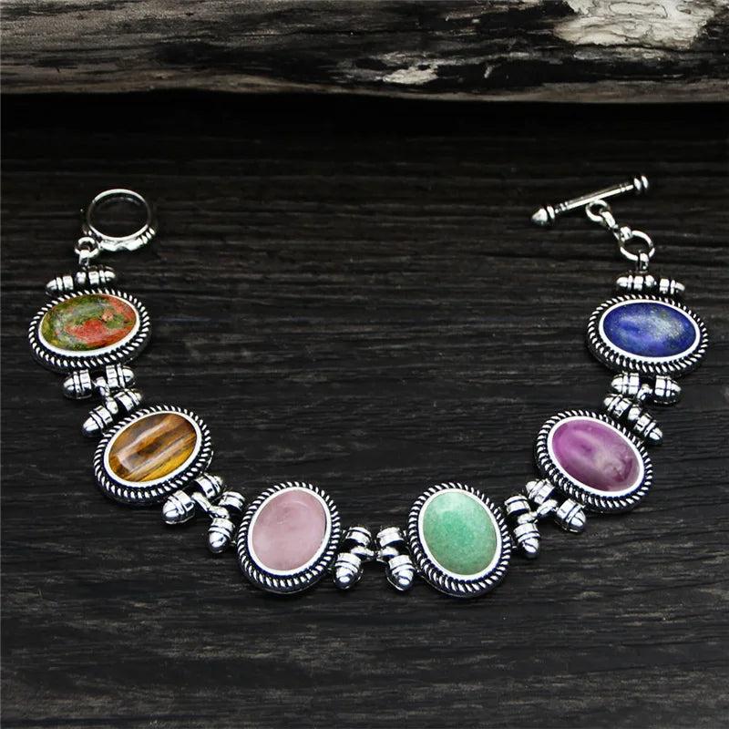 Vintage Oval Natural Stone Bracelet Tibetan Silver Plated 6 Chakra Tigers Eye
