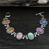 Vintage Oval Natural Stone Bracelet Tibetan Silver Plated 6 Chakra Tigers Eye