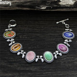 Vintage Oval Natural Stone Bracelet Tibetan Silver Plated 6 Chakra Tigers Eye