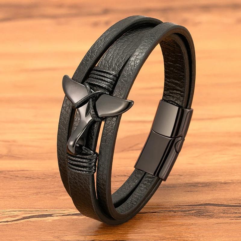 Leather Mens Bracelets Stainless Steel Mermaid Tail Magnet Clasp Bangle