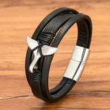 Leather Mens Bracelets Stainless Steel Mermaid Tail Magnet Clasp Bangle