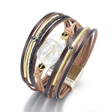 Pearl Leather Women's Bracelet with Shell Wide Design