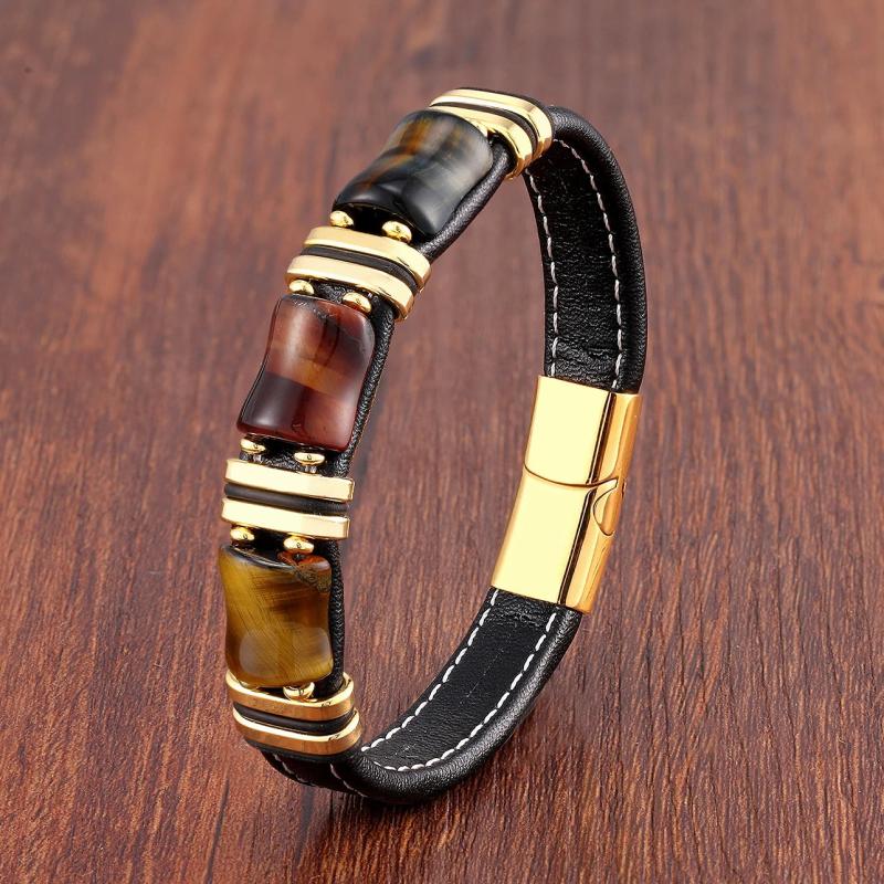 Tiger's Eye Stone Charm Men's Bracelet Leather Wristband Jewelry