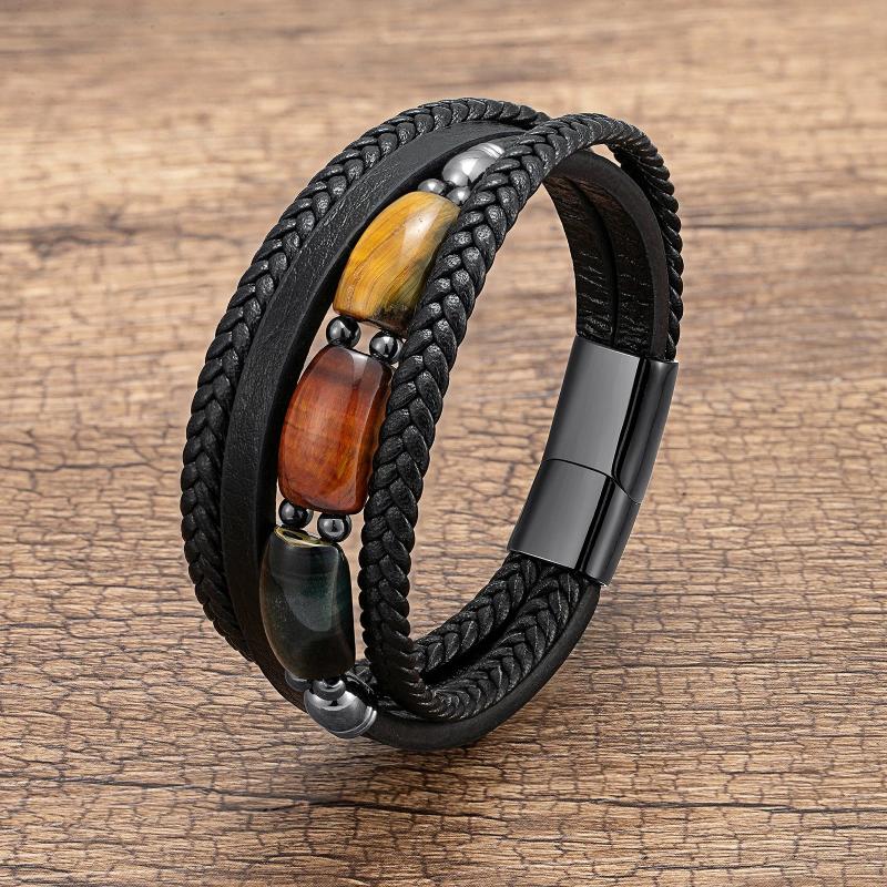 Men's Multi-layer Leather Bracelet Stainless Steel Clasp Tiger Eye Stone
