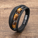 Men's Multi-layer Leather Bracelet Stainless Steel Clasp Tiger Eye Stone