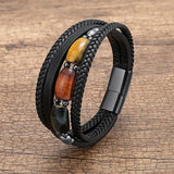 Men's Multi-layer Leather Bracelet Stainless Steel Clasp Tiger Eye Stone