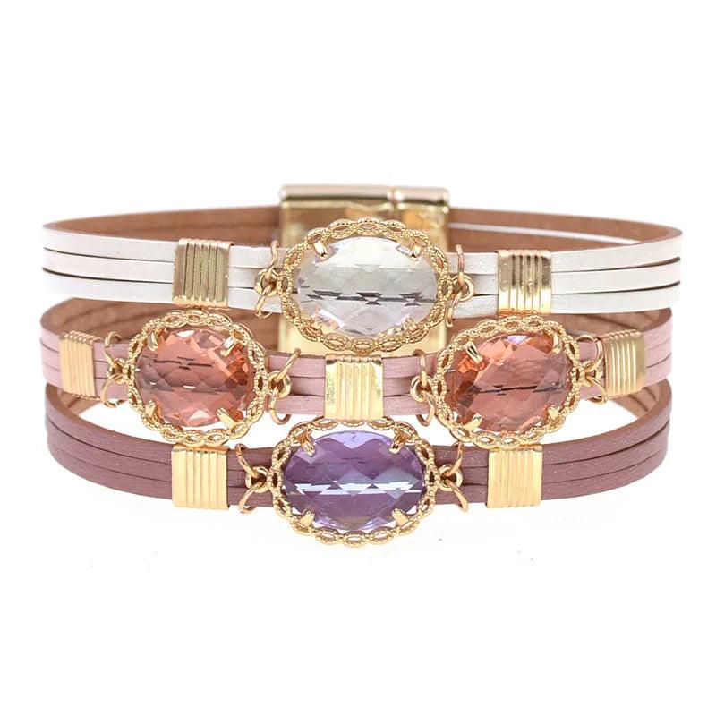 Bohemia Leather Bracelet Glass Charm Bangle Jewelry