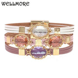 Bohemia Leather Bracelet Glass Charm Bangle Jewelry
