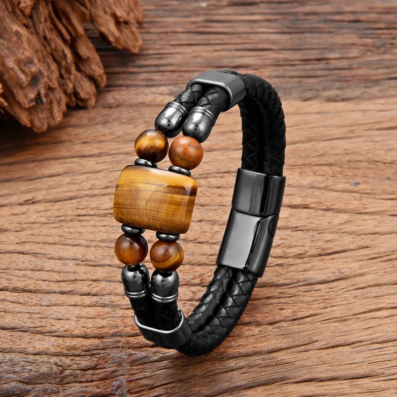Tiger Eye Stone Bracelet Double-deck Leather Bangle Stainless Steel Magnetic