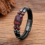 Tiger Eye Stone Bracelet Double-deck Leather Bangle Stainless Steel Magnetic