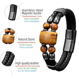 Tiger Eye Stone Bracelet Double-deck Leather Bangle Stainless Steel Magnetic