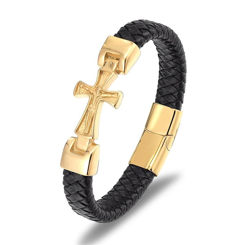 Braided Leather Chain Bracelet Stainless Steel Wristband